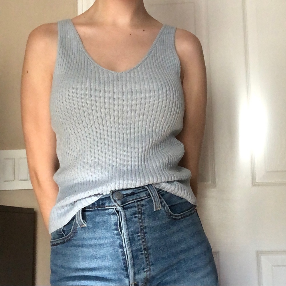 Blue crochet tank top with a v-neck